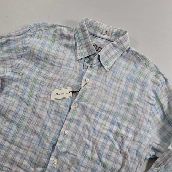 Peter Millar Linen Shirt Men Medium Crown Cool White Plaid Long Sleeve Golf $145 - Picture 4 of 9